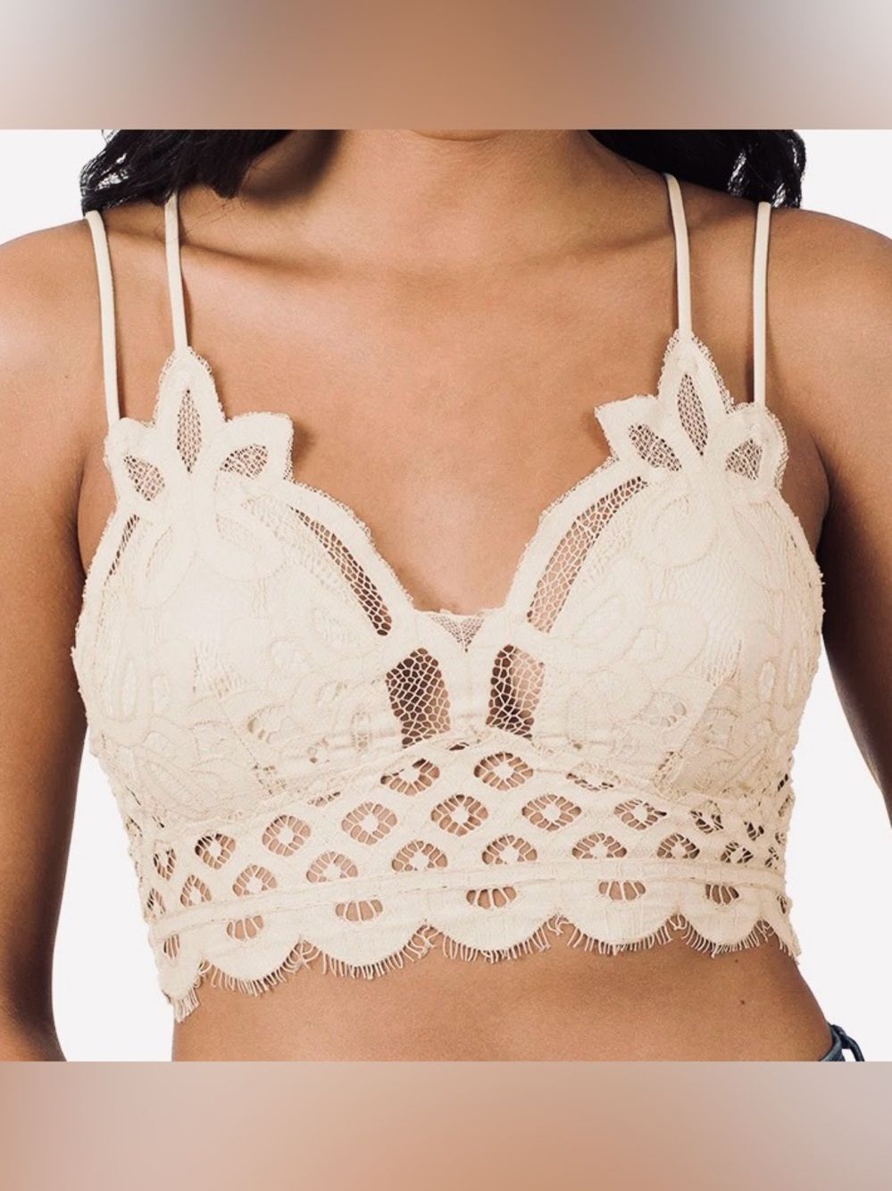 ZENANA Crochet Lace Bralette with Smocked Back and Pads Off White / Cream XL